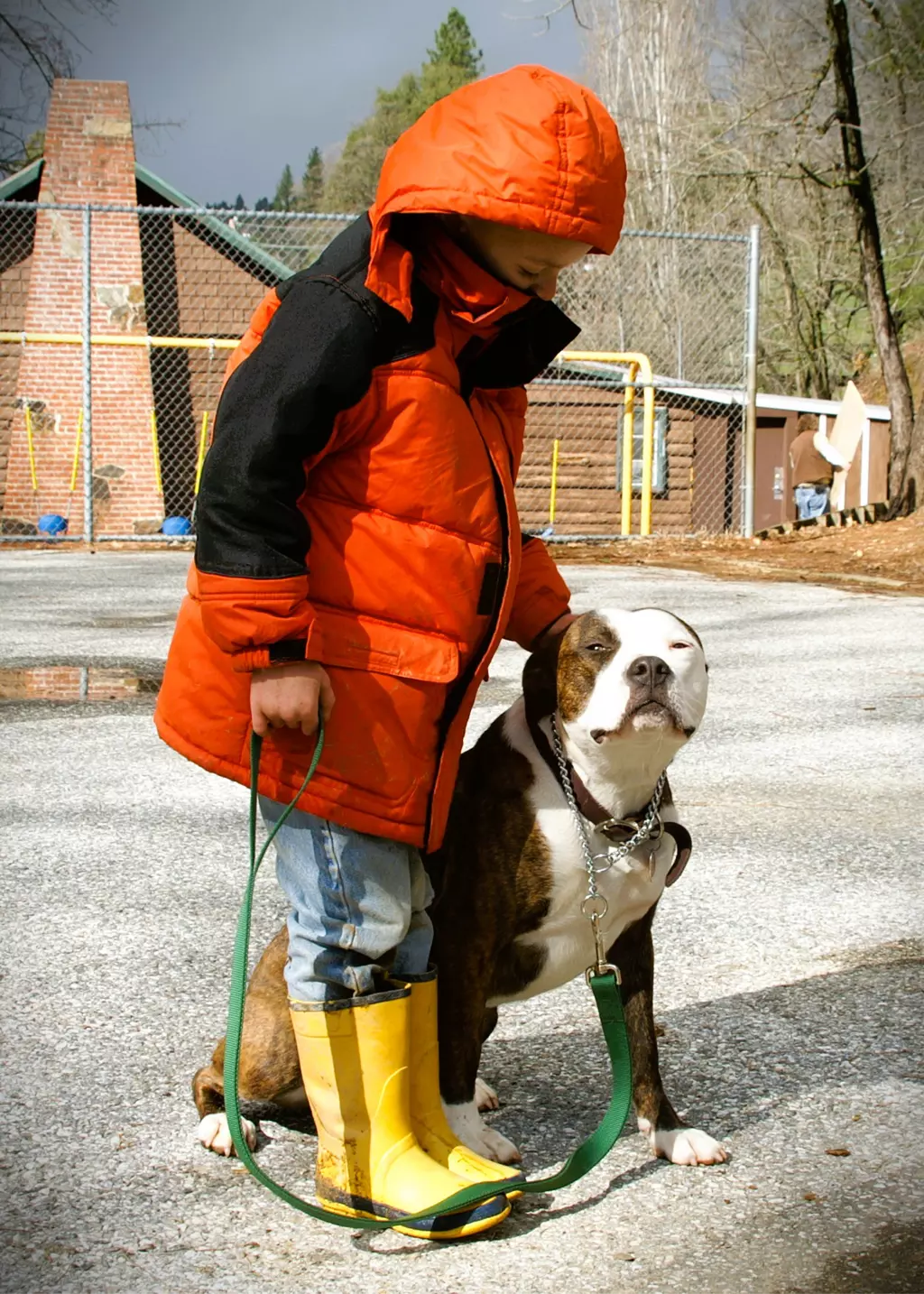 Child in orange coat with brown dog.