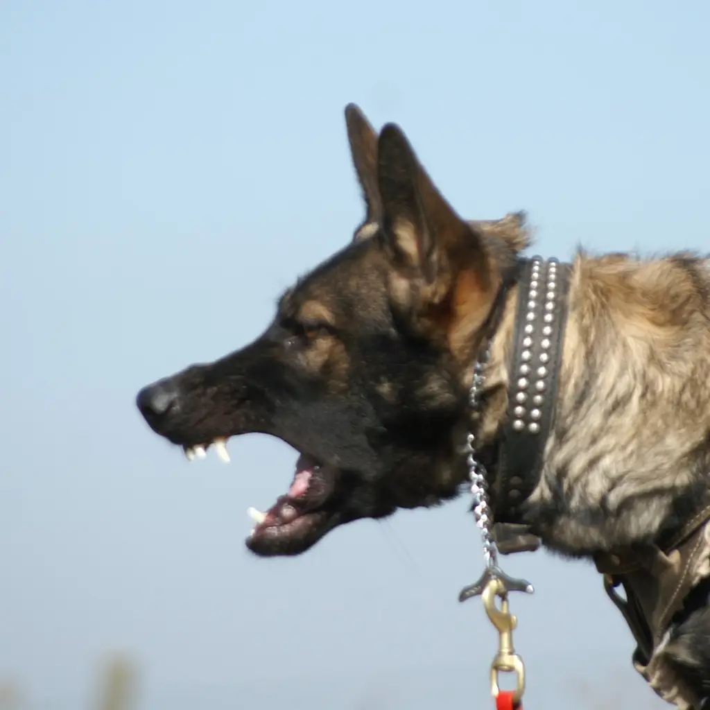 German Shepherd barking with studded collar.